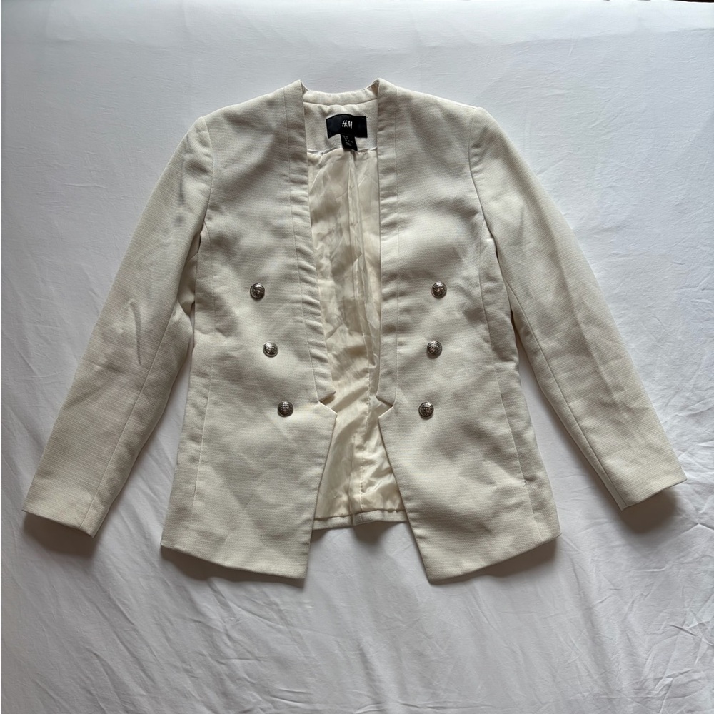 Women's Sleek Ivory Collarless Blazer with Silver Buttons